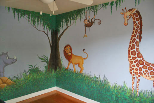 Kids jungle animals, nursery mural painting with lion, giraffe and monkey by Richard Ancheta.